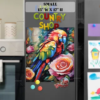 Preview of Colorful Parrot and Roses magnet in Small size.