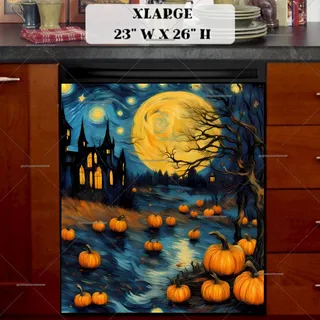 Preview of Starry Night Church and Pumpkins magnet in Extra Large size.