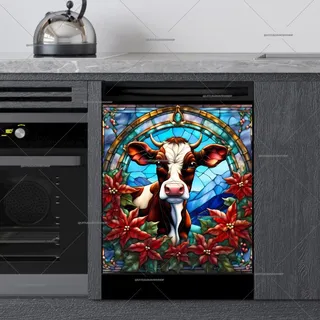 Preview of Stained Glass Brown Christmas Cow magnet.