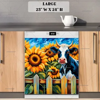 Preview of Cow Over the Fence with Sunflowers magnet in Large size.