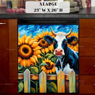 Preview of Cow Over the Fence with Sunflowers magnet in Extra Large size.