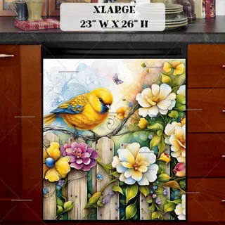 Preview of Little Yellow Bird on the Fence magnet in Extra Large size.
