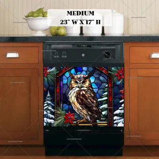 Preview of Stained Glass Christmas Owl at Night magnet in Medium size.