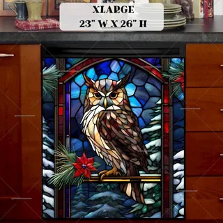 Preview of Stained Glass Christmas Owl at Night magnet in Extra Large size.