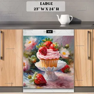 Preview of Vintage Strawberry Cupcake and Flowers magnet in Large size.