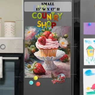 Preview of Vintage Strawberry Cupcake and Flowers magnet in Small size.