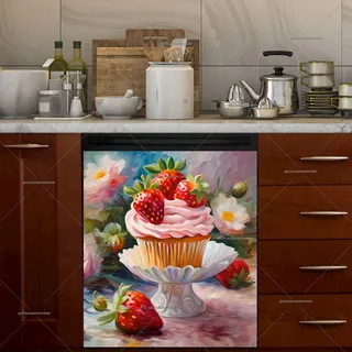 Preview of Vintage Strawberry Cupcake and Flowers magnet.