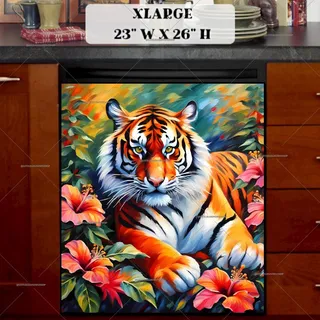 Preview of Relaxing Tiger and Hibiscus Flowers magnet in Extra Large size.
