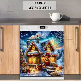 Preview of Stained Glass Christmas Cottage at Night magnet in Large size.