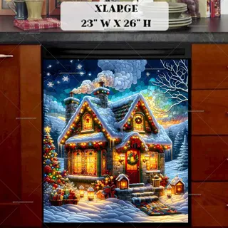 Preview of Stained Glass Christmas Cottage at Night magnet in Extra Large size.