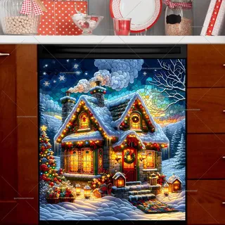 Preview of Stained Glass Christmas Cottage at Night magnet.