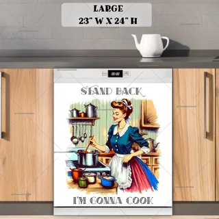 Preview of Funny Retro Housewife in the Kitchen magnet in Large size.