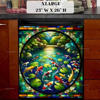 Preview of Colorful Stained Glass Koi Fish Pond magnet in Extra Large size.