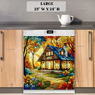 Preview of Stained Glass Autumn House magnet in Large size.