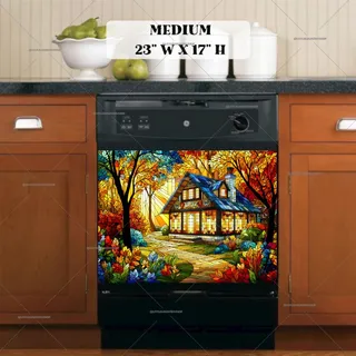 Preview of Stained Glass Autumn House magnet in Medium size.