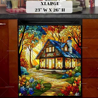 Preview of Stained Glass Autumn House magnet in Extra Large size.