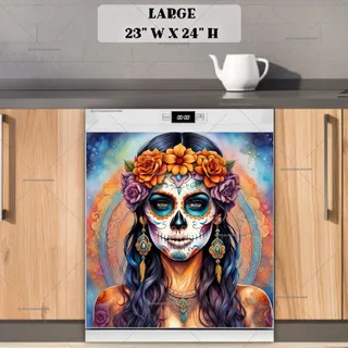 Preview of Beautiful Sugar Skull Girl and Mandala magnet in Large size.