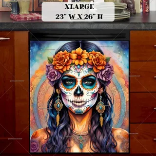 Preview of Beautiful Sugar Skull Girl and Mandala magnet in Extra Large size.