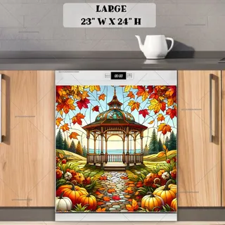 Preview of Stained Glass Fall Gazebo with Pumpkins magnet in Large size.