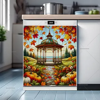 Preview of Stained Glass Fall Gazebo with Pumpkins magnet.