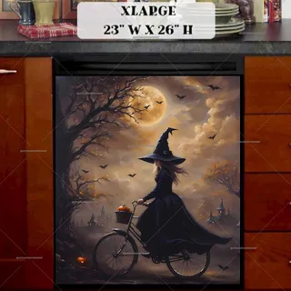 Preview of Halloween Witch on the Bike magnet in Extra Large size.