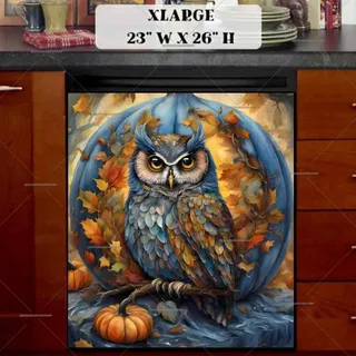 Preview of Owl and the Large Blue Pumpkin magnet in Extra Large size.