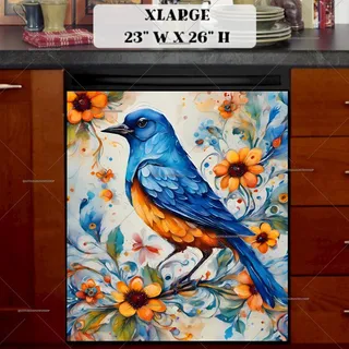 Preview of Blue and Yellow Bird with Flowers magnet in Extra Large size.