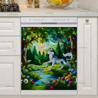 Preview of Stained Glass Husky in the Woods magnet.