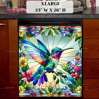 Preview of Stained Glass Hummingbird with Flowers magnet in Extra Large size.