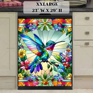 Preview of Stained Glass Hummingbird with Flowers magnet in XX Large size.