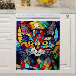 Preview of Stained Glass Colorful Cat Portrait magnet.