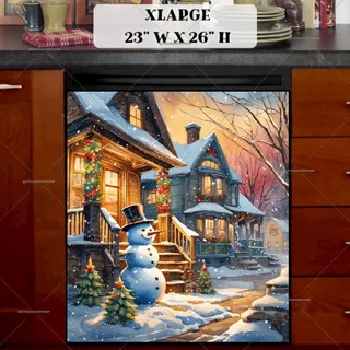 Preview of Christmas Cottages and Snowman magnet in Extra Large size.