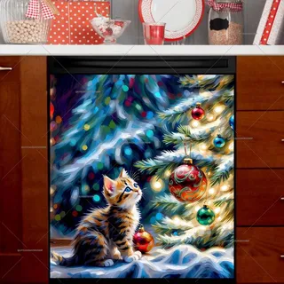 Preview of Kitten and Shiny Christmas Ornaments magnet.