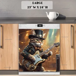 Preview of Cool Steampunk Cat Playing on Guitar magnet in Large size.