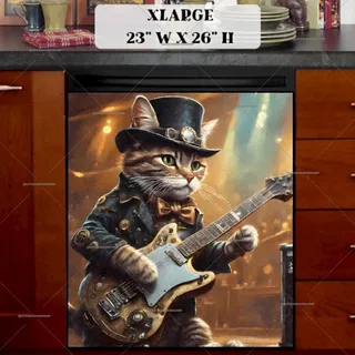 Preview of Cool Steampunk Cat Playing on Guitar magnet in Extra Large size.