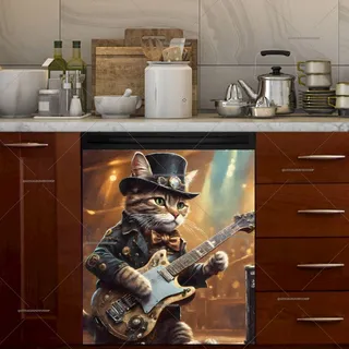 Preview of Cool Steampunk Cat Playing on Guitar magnet.