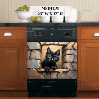 Preview of Black Kitten in the Garden Wall Hole magnet in Medium size.