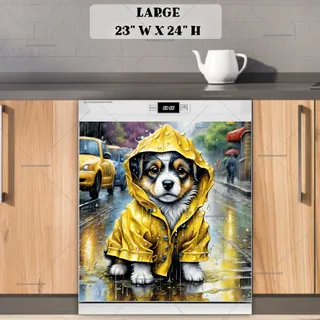 Preview of Puppy in Yellow Raincoat magnet in Large size.