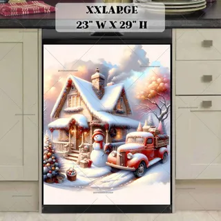 Preview of Christmas Snowman, Cottage and a Red Truck magnet in XX Large size.