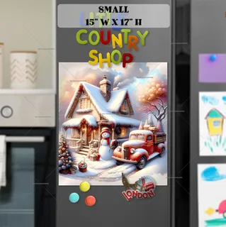 Preview of Christmas Snowman, Cottage and a Red Truck magnet in Small size.