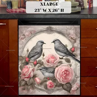 Preview of Vintage Birds and Pink Roses magnet in Extra Large size.