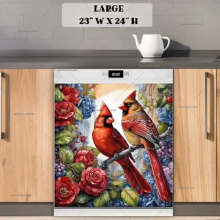 Preview of Cardinal Couple on a Rose Bush magnet in Large size.