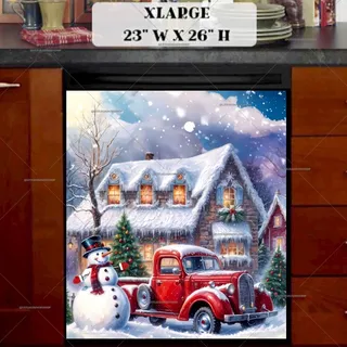 Preview of Red Christmas Truck with Snowman magnet in Extra Large size.