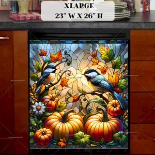 Preview of Stained Glass Autumn Chickadees magnet in Extra Large size.