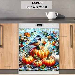 Preview of Stained Glass Autumn Chickadee magnet in Large size.