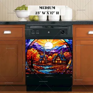 Preview of Stained Glass Autumn Village magnet in Medium size.