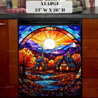 Preview of Stained Glass Autumn Village magnet in Extra Large size.