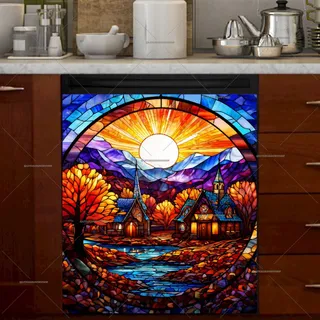 Preview of Stained Glass Autumn Village magnet.