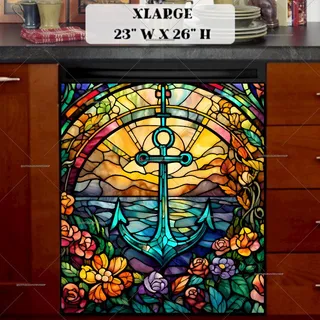 Preview of Stained Glass Anchor and Flowers magnet in Extra Large size.