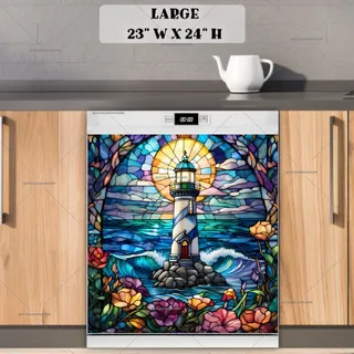 Preview of Stained Glass Lighthouse and Flowers magnet in Large size.